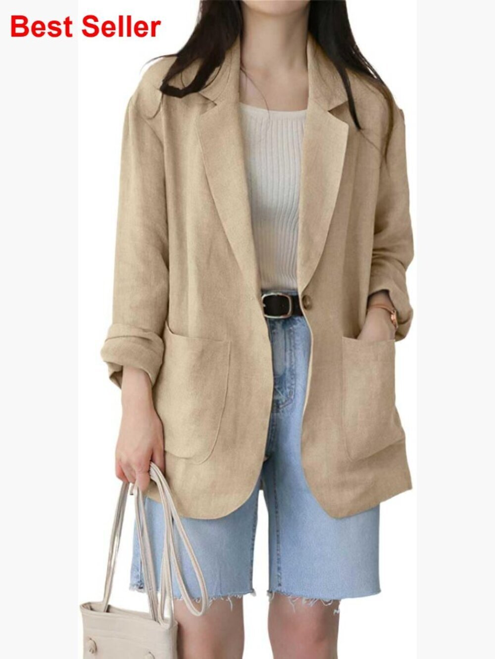 Cotton Linen Blazer Notch Neck Loose Fit Office Jacket